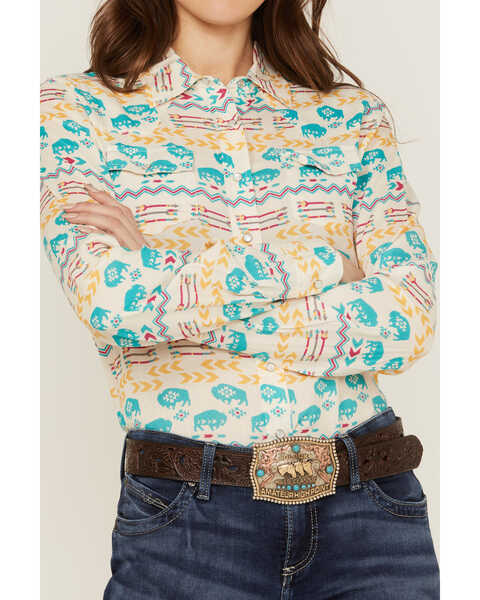 Image #3 - Roper Women's Buffalo Roam Southwestern Print Long Sleeve Pearl Snap Western Shirt, Multi, hi-res
