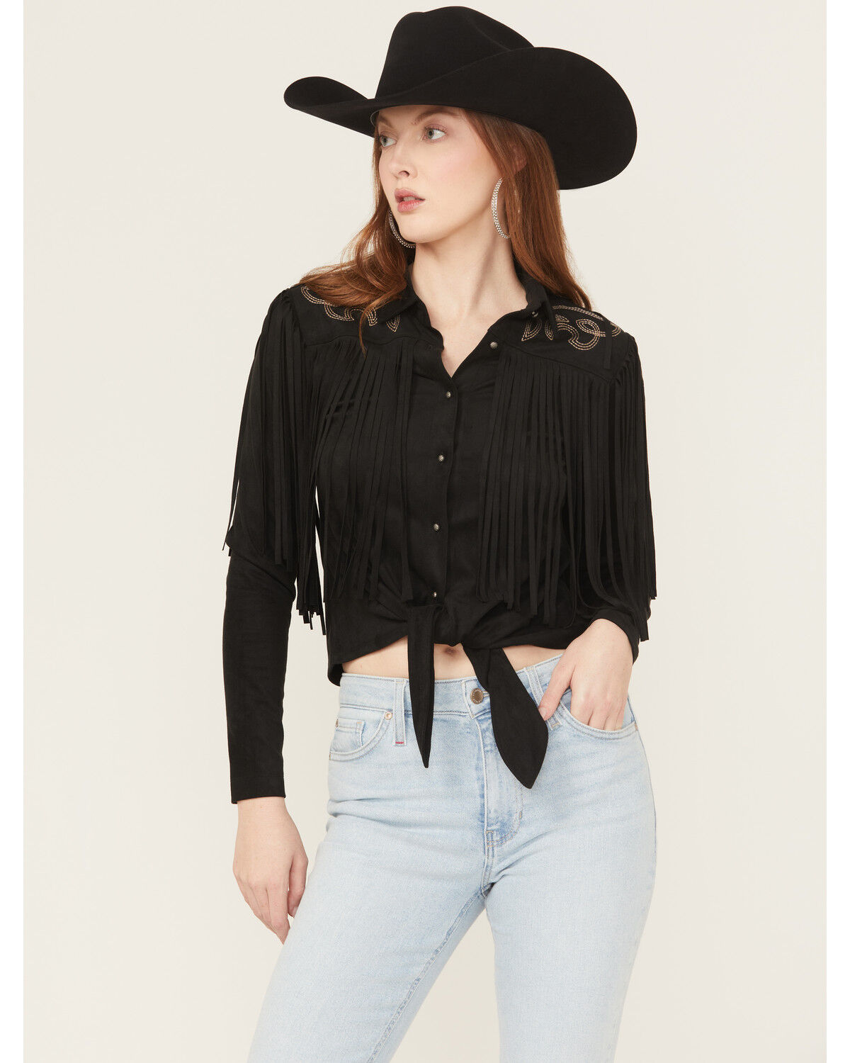 Image #1 - Idyllwind Women's McKinney Faux Suede Long Sleeve Fringe Top, Black, hi-res