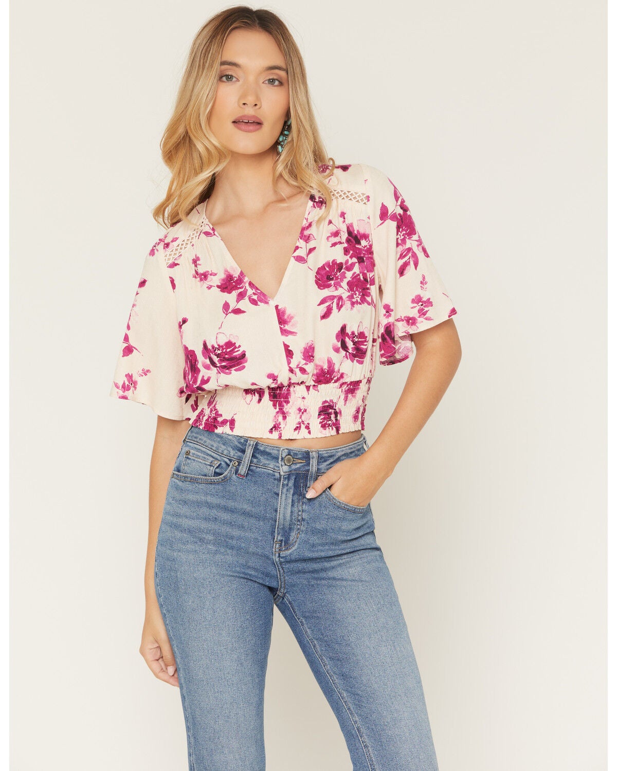 Idyllwind Women's Meadow Floral Print Smocked Top, Light Pink, hi-res