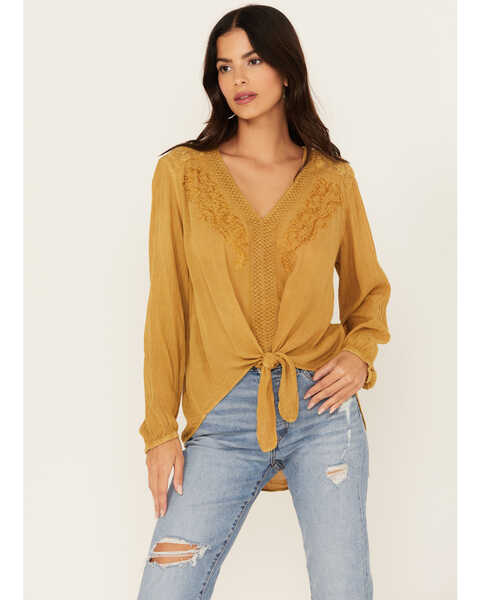 Nostalgia Women's Embroidered Tie Front Long Sleeve Top, Mustard, hi-res