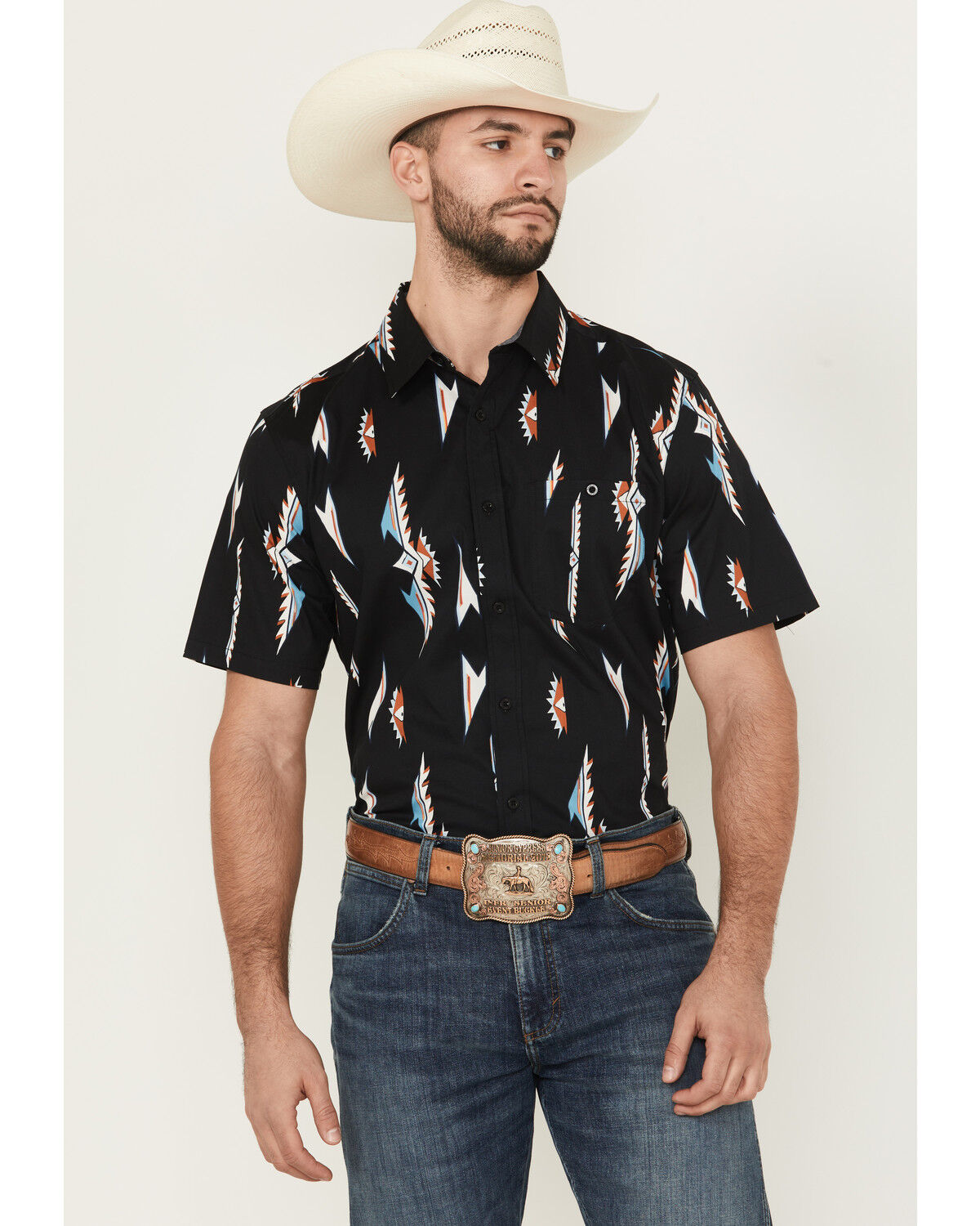 Image #1 - RANK 45® Men's Ryder Vertical Thunderbird Short Sleeve Button-Down Stretch Western Shirt, Black, hi-res