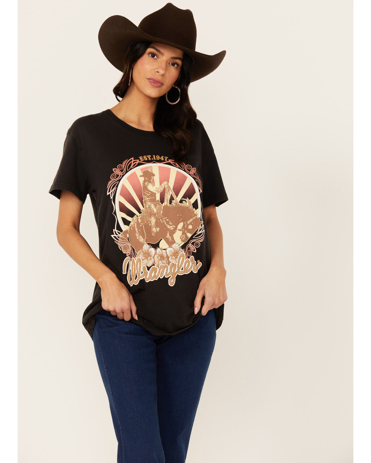 Image #1 - Wrangler Women's Boot Barn Exclusive Cowboy Logo Boyfriend Fit Short Sleeve Graphic Tee, Black, hi-res