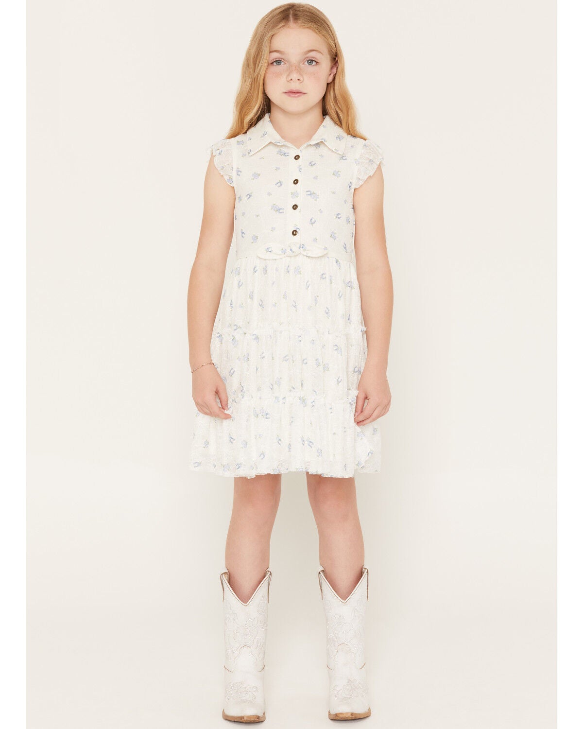 Sugar California Girls' Horseshoe Floral Print Lace Button-Down Dress, White, hi-res