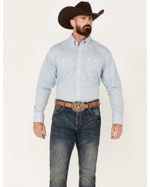 George Strait by Wrangler Men's Geo Print Long Sleeve Button-Down Western Shirt, Blue, hi-res