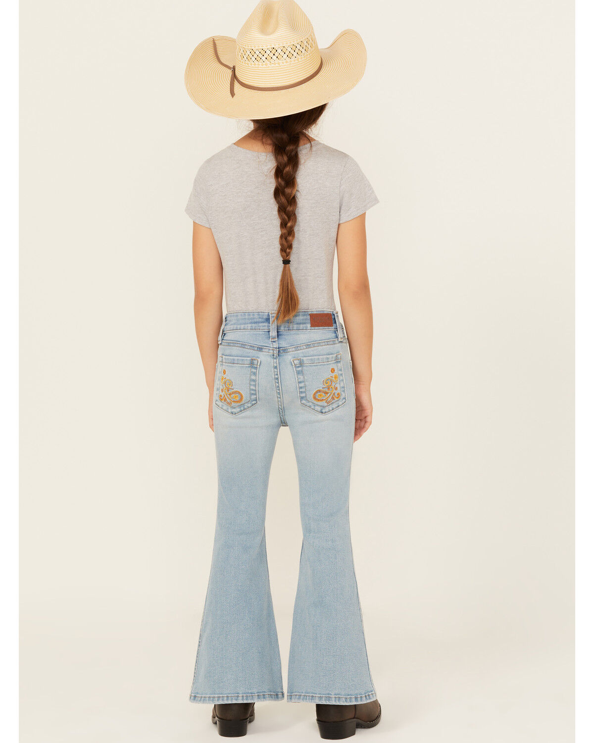 Image #1 - Shyanne Little Girls' Ophelia Floral Embroidered Light Wash Flare Stretch Denim Jeans, Medium Wash, hi-res