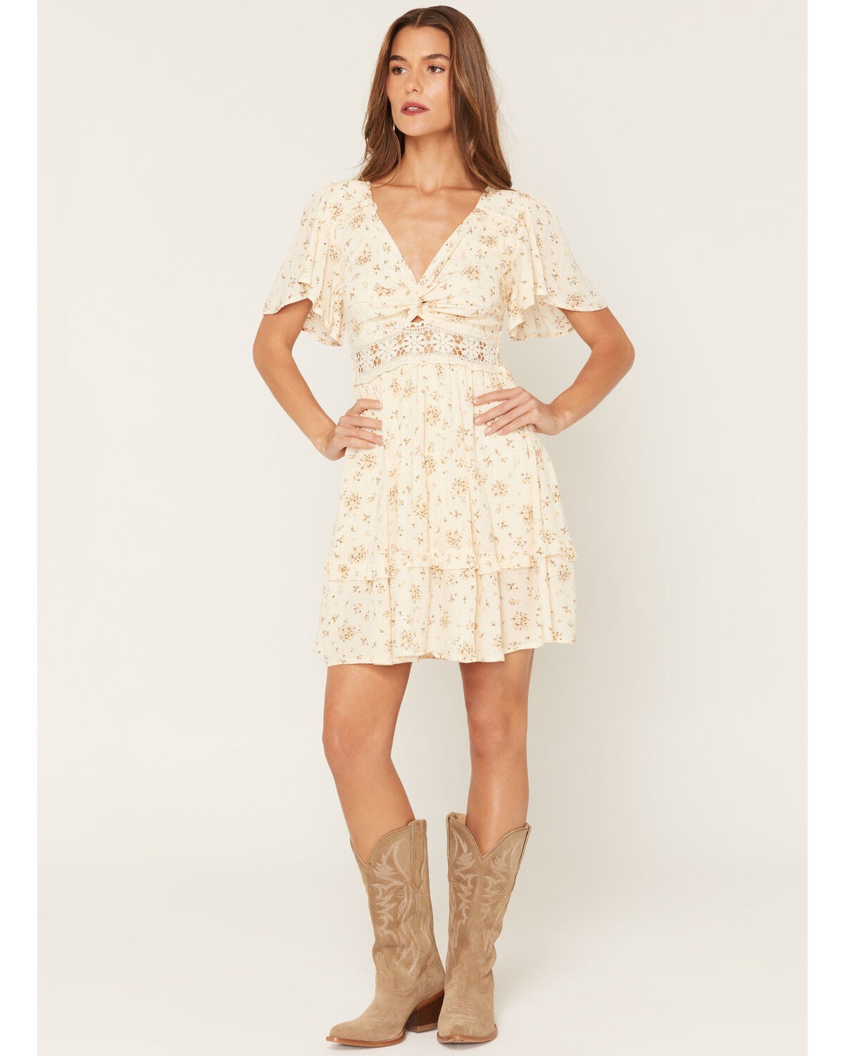Image #1 - Wild Moss Women's Floral Print Crochet Inset Mini Dress, Cream, hi-res