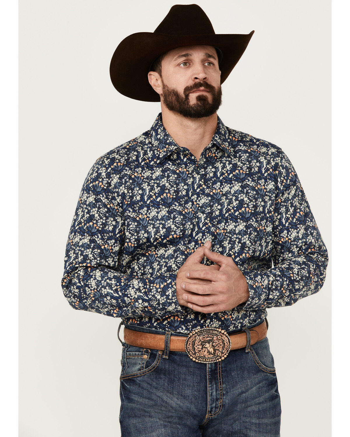 Image #1 - Gibson Trading Co Men's Shin Dig Floral Print Long Sleeve Button-Down Western Shirt, Navy, hi-res