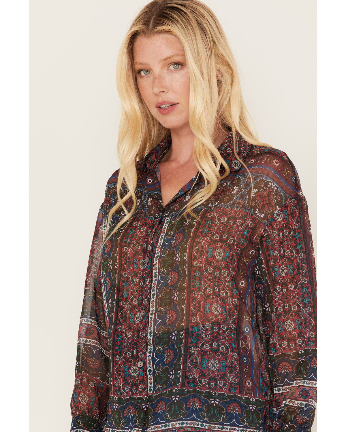 Image #2 - Molly Bracken Women's Metallic Floral Stripe Blouse, Multi, hi-res