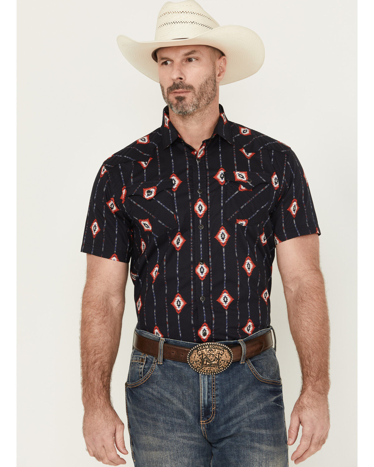 Image #1 - Panhandle Men's Geo Print Short Sleeve Snap Western Shirt, Black, hi-res