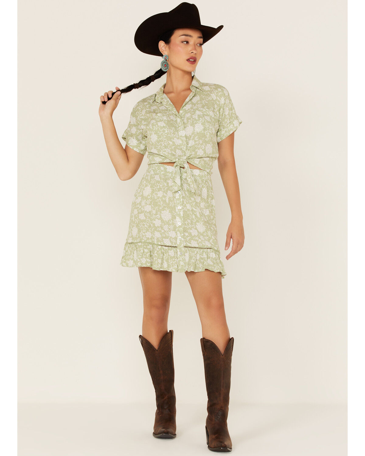 Image #3 - Shyanne Women's Floral Print Tie Front Short Sleeve Button Shirt, Seafoam, hi-res