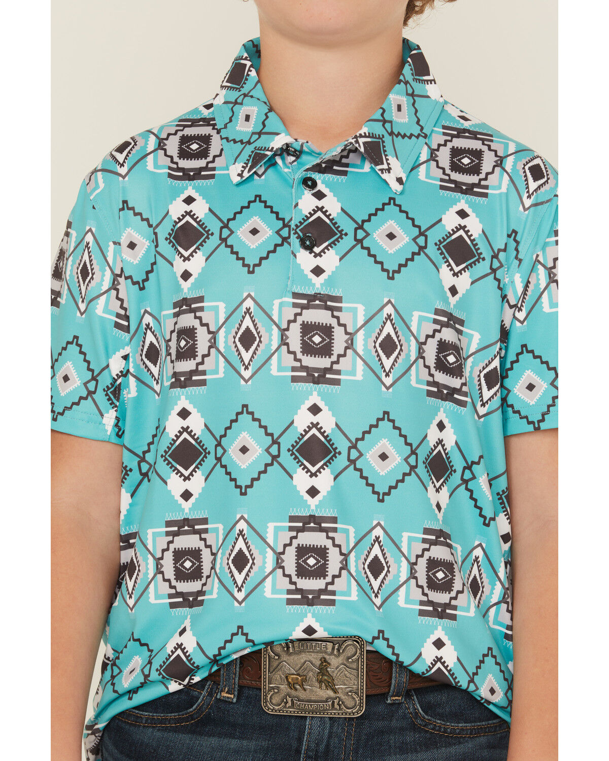 Image #3 - Hooey Boys' Southwestern Print Short Sleeve Button-Down Stretch Polo Shirt, Turquoise, hi-res