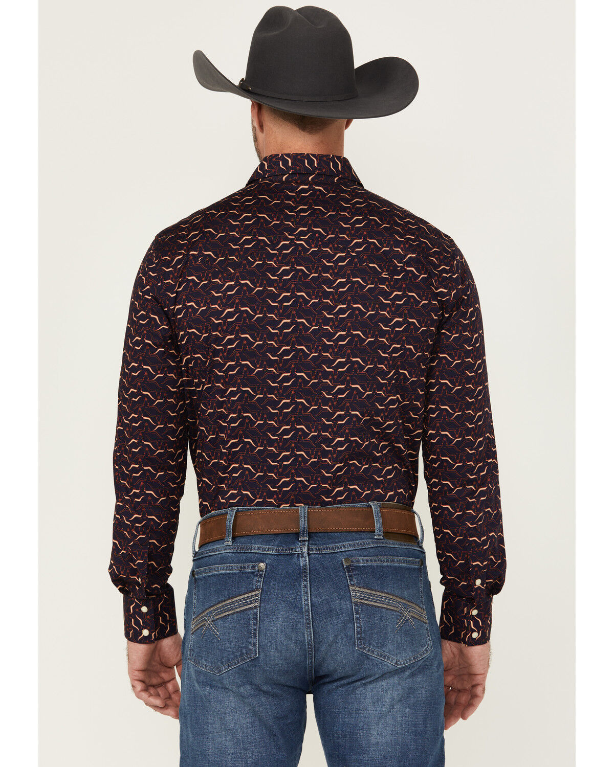 Image #4 - Rock & Roll Denim Men's Longhorn Print Long Sleeve Snap Stretch Western Shirt, Burgundy, hi-res