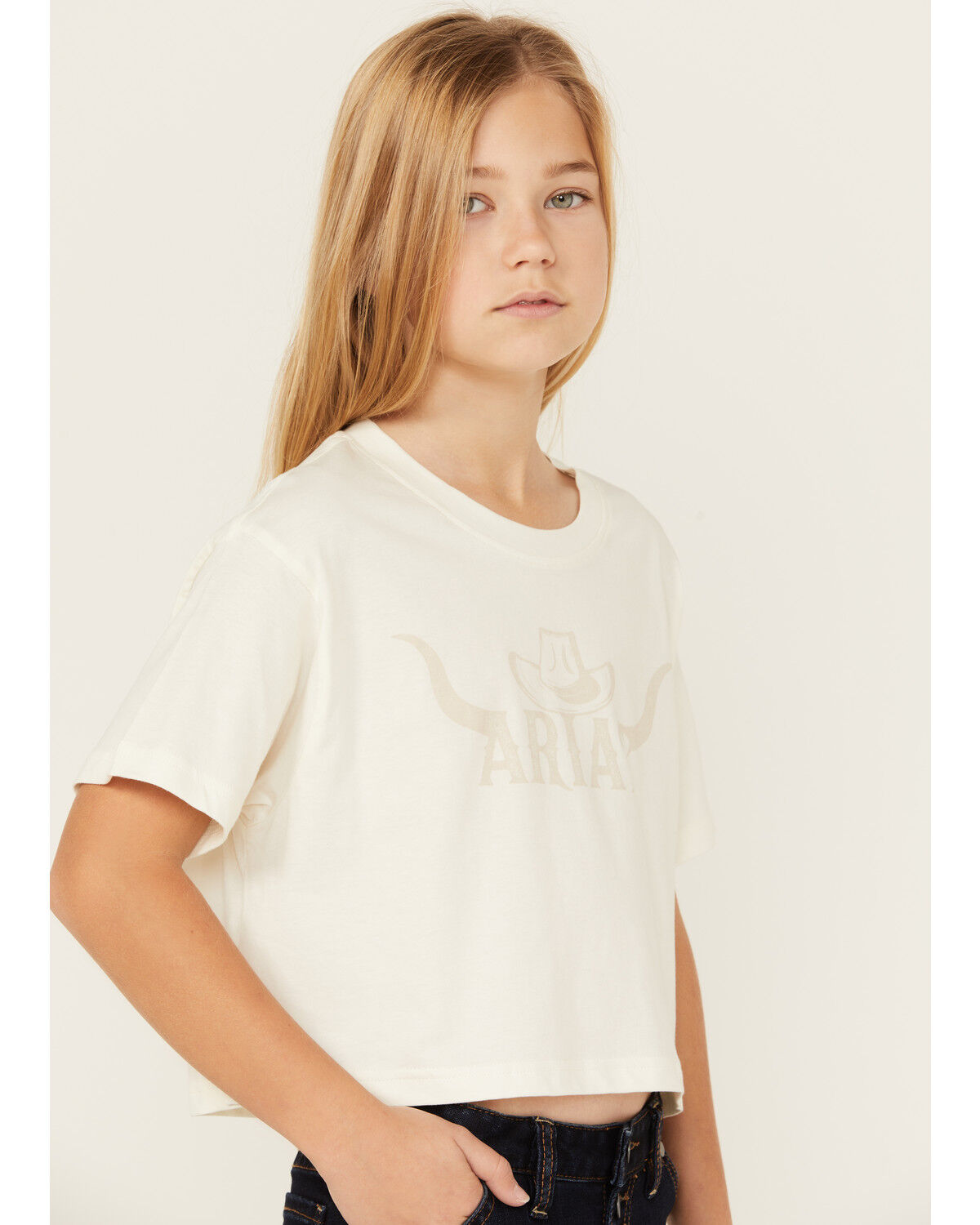 Image #2 - Ariat Girls' Logo Short Sleeve Graphic Cropped Tee, White, hi-res