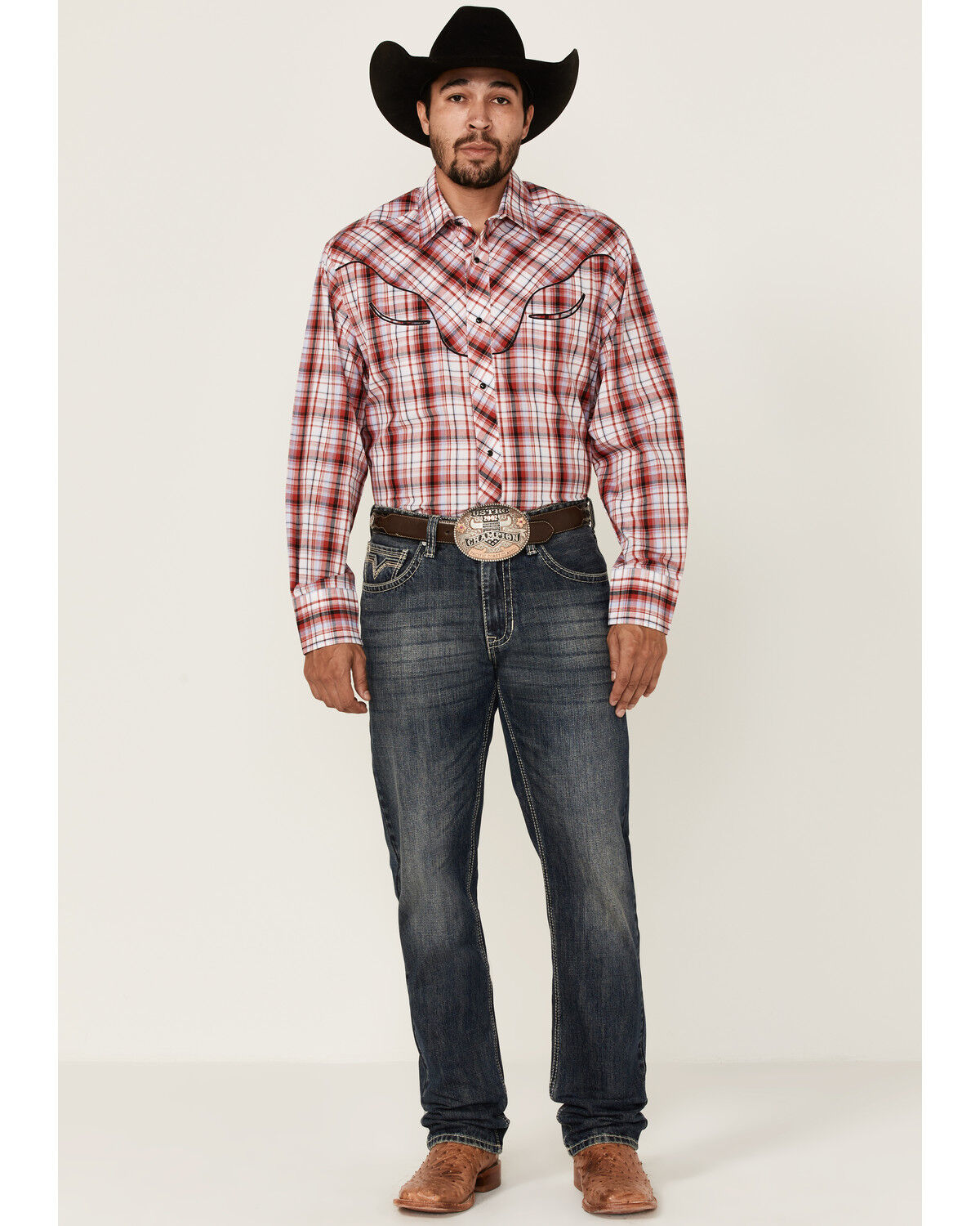 Image #2 - Roper Men's Plaid Print Embroidered Applique Long Sleeve Snap Western Shirt, Red, hi-res