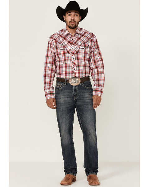 Image #2 - Roper Men's Plaid Print Embroidered Applique Long Sleeve Snap Western Shirt , Red, hi-res
