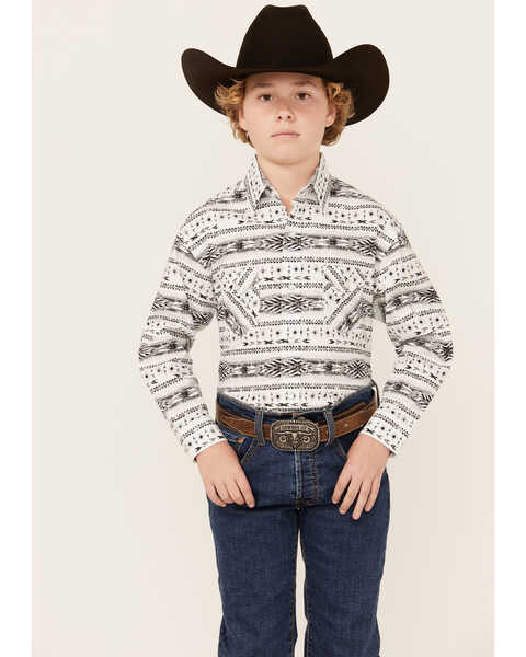 Panhandle Boys' Southwestern Print Long Sleeve Snap Western Shirt , White, hi-res