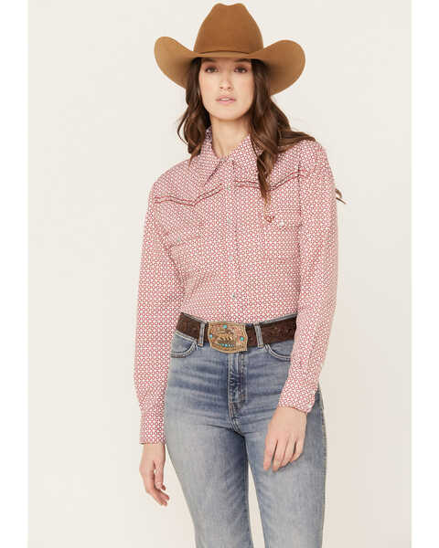 Cowgirl Hardware Women's Geo Print Long Sleeve Western Pearl Snap Shirt, Burgundy, hi-res