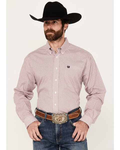 Image #1 - Cinch Men's Geo Print Long Sleeve Button-Down Western Shirt, Pink, hi-res
