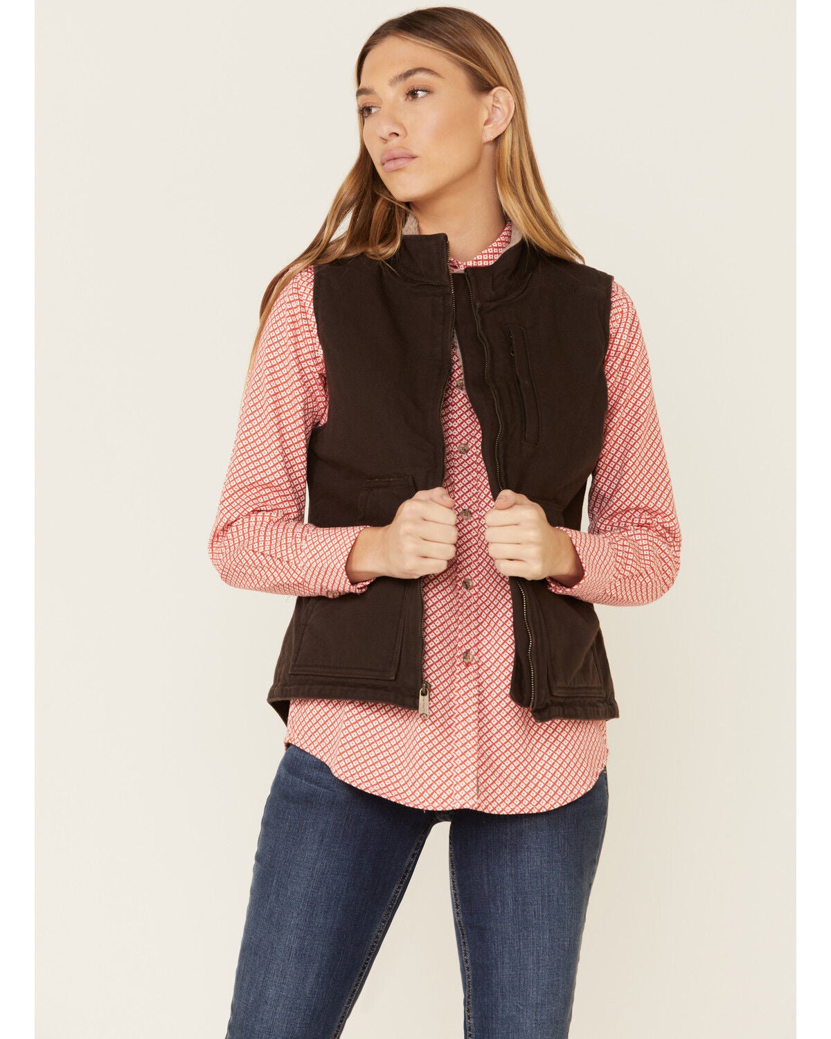 Carhartt Women's Dark Brown Washed Duck Sherpa Lined Vest, Brown, hi-res
