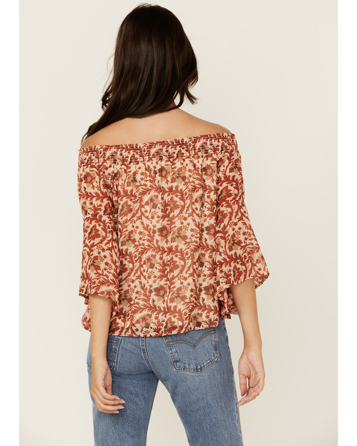Image #4 - Shyanne Women's Floral Print Off The Shoulder Long Sleeve Blouse, Taupe, hi-res