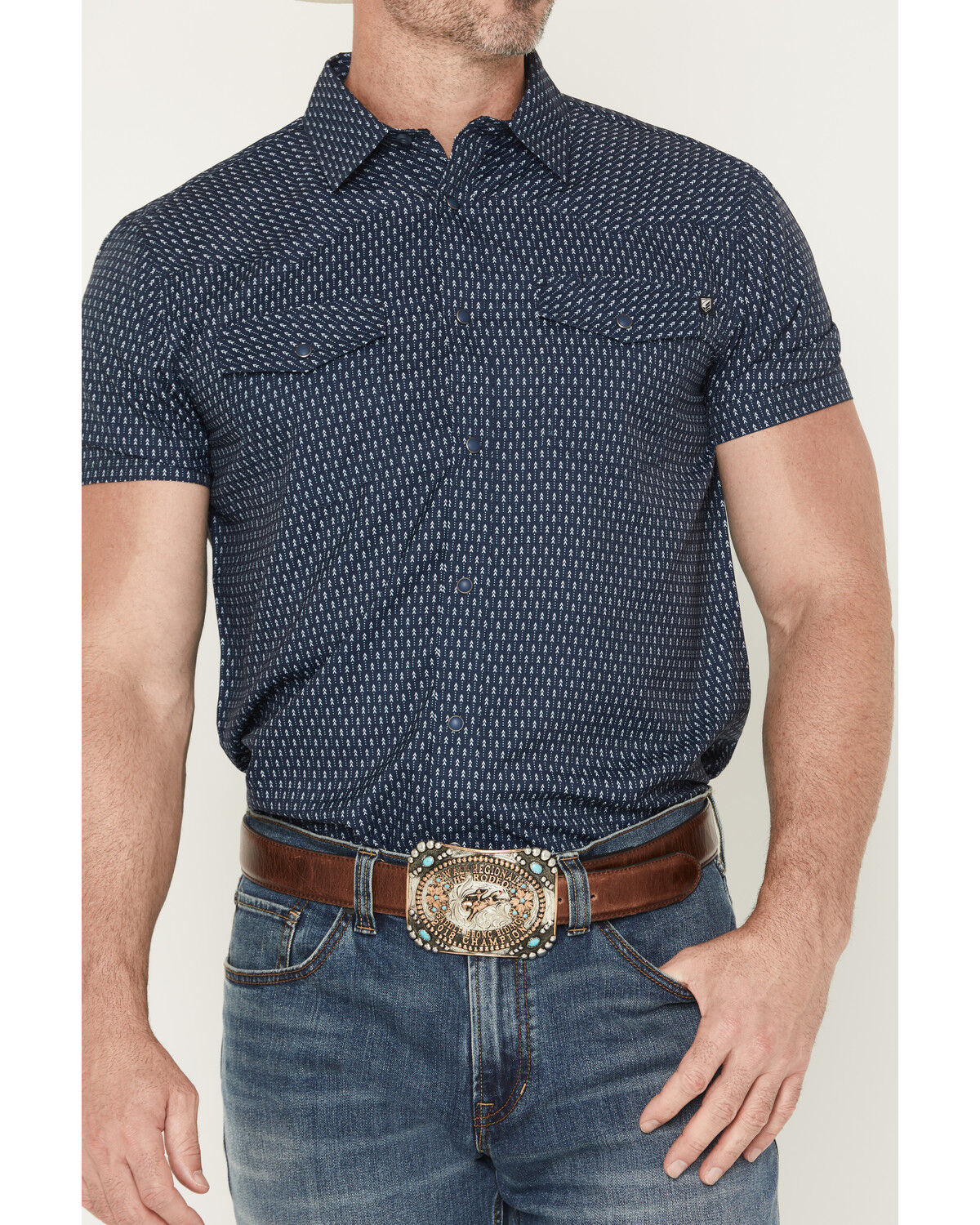 Image #3 - RANK 45® Men's Wind River Geo Print Short Sleeve Snap Performance Western Shirt, Navy, hi-res
