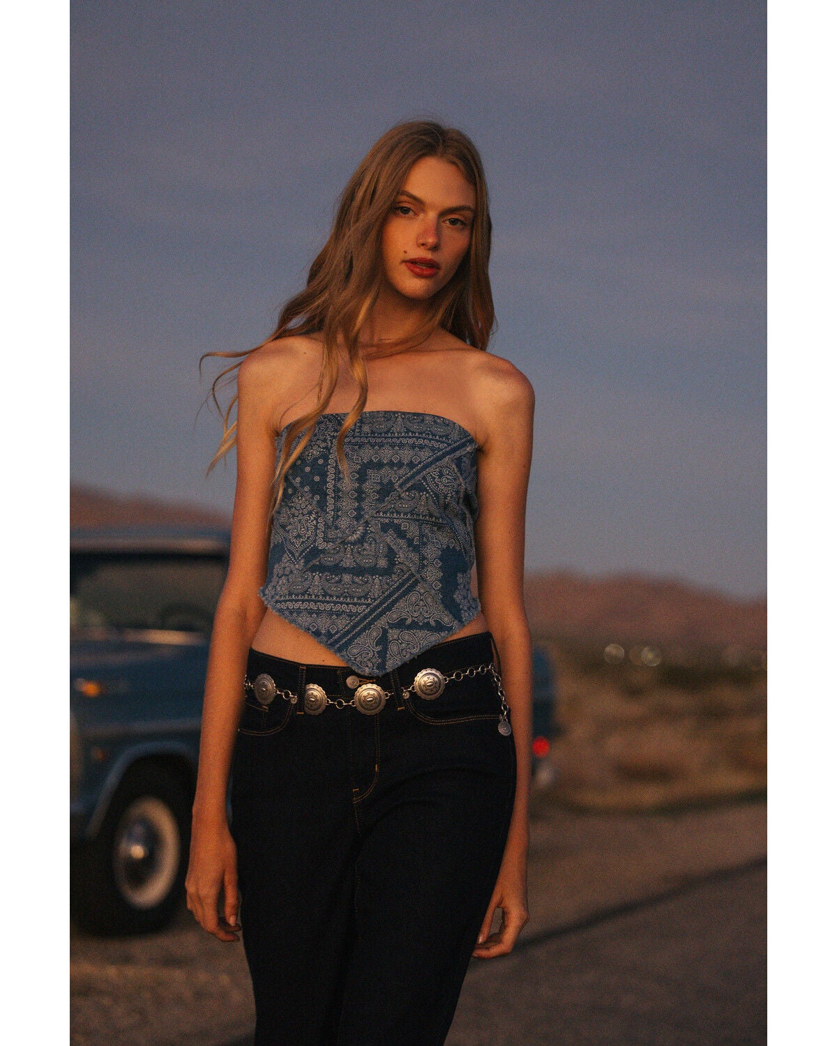 Image #1 - Cleo + Wolf Women's Bandana Print Strapless Denim Tie Shirt, Medium Wash, hi-res