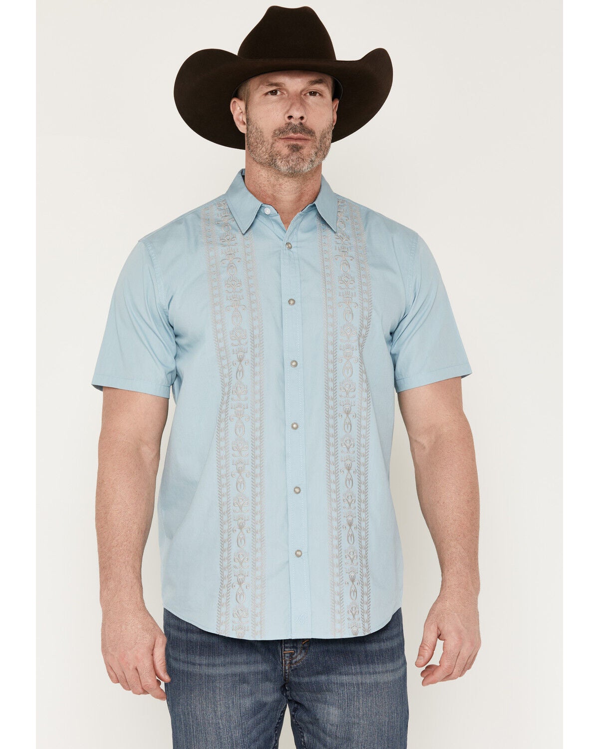 Image #1 - Moonshine Spirit&reg; Men's Gaucho Embroidered Short Sleeve Snap Western Shirt, Light Blue, hi-res