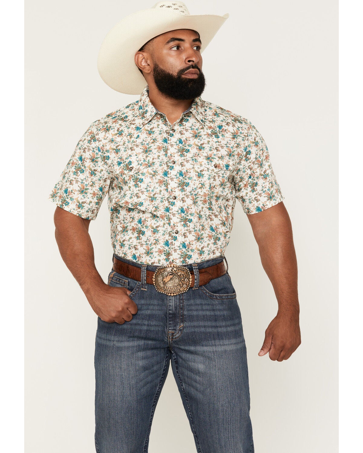 Cody James Men's Blossom Floral Print Short Sleeve Snap Western Shirt, Cream, hi-res