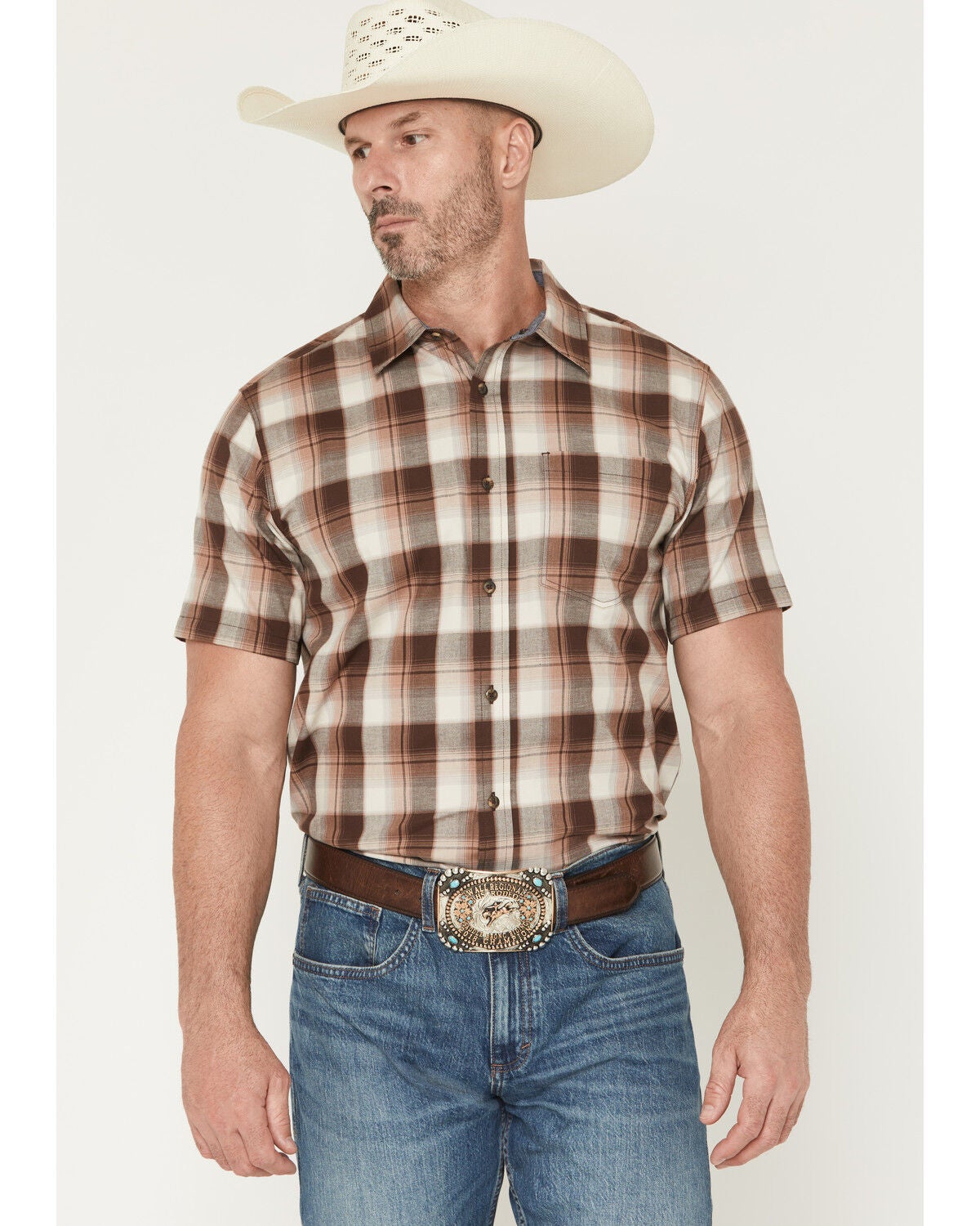 Image #1 - Cody James Men's Frosty Creek Plaid Print Short Sleeve Button-Down Stretch Western Shirt, Brown, hi-res