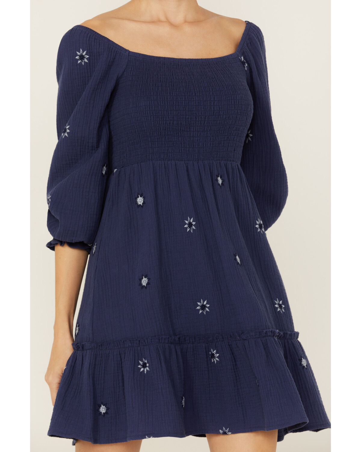Image #3 - Jolt Women's Rouched Front Embroidered Mini Dress, Navy, hi-res