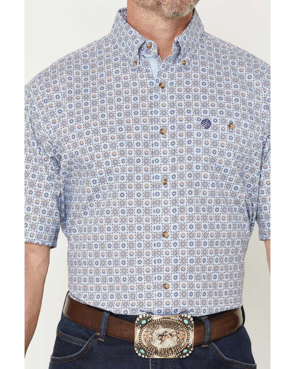 Image #3 - George Strait by Wrangler Men's Geo Print Short Sleeve Button-Down Stretch Western Shirt, Blue, hi-res