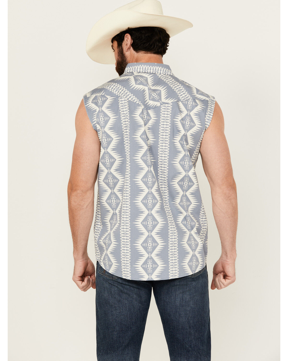 Image #4 - Cody James Men's Blue Sky Southwestern Print Sleeveless Snap Western Shirt, Blue, hi-res