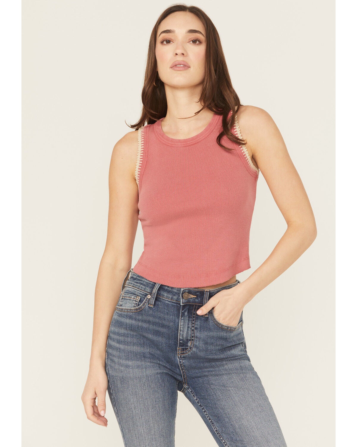 Image #1 - Cleo + Wolf Women's Crochet Stitched Rib Knit Tank Top, Dark Pink, hi-res