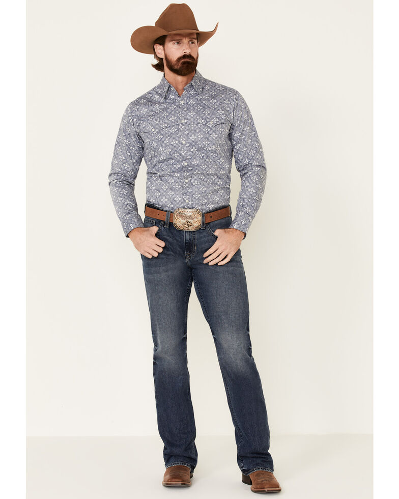 Wrangler Retro Premium Men's Indigo Floral Geo Print Long Sleeve Western Shirt , Blue, hi-res