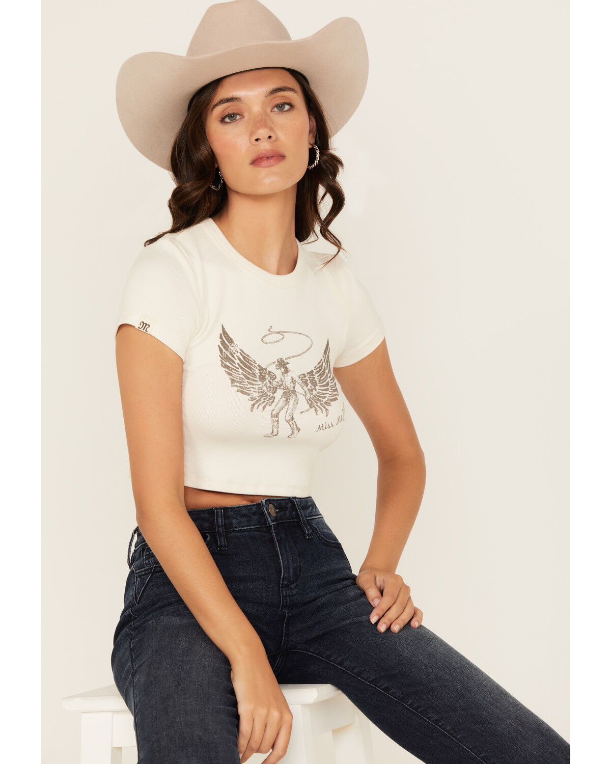 Image #1 - Miss Me Women's Angel Short Sleeve Cropped Graphic Tee, White, hi-res