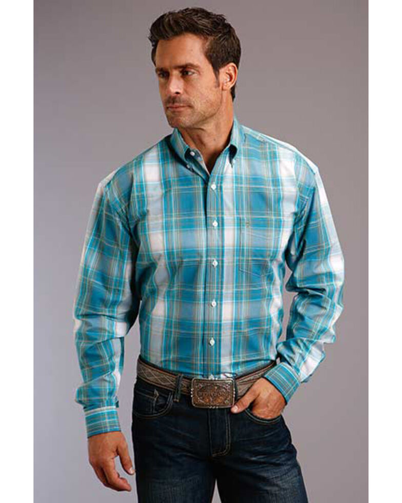 Stetson Men's Teal Plaid Button Long Sleeve Western Shirt , Blue, hi-res