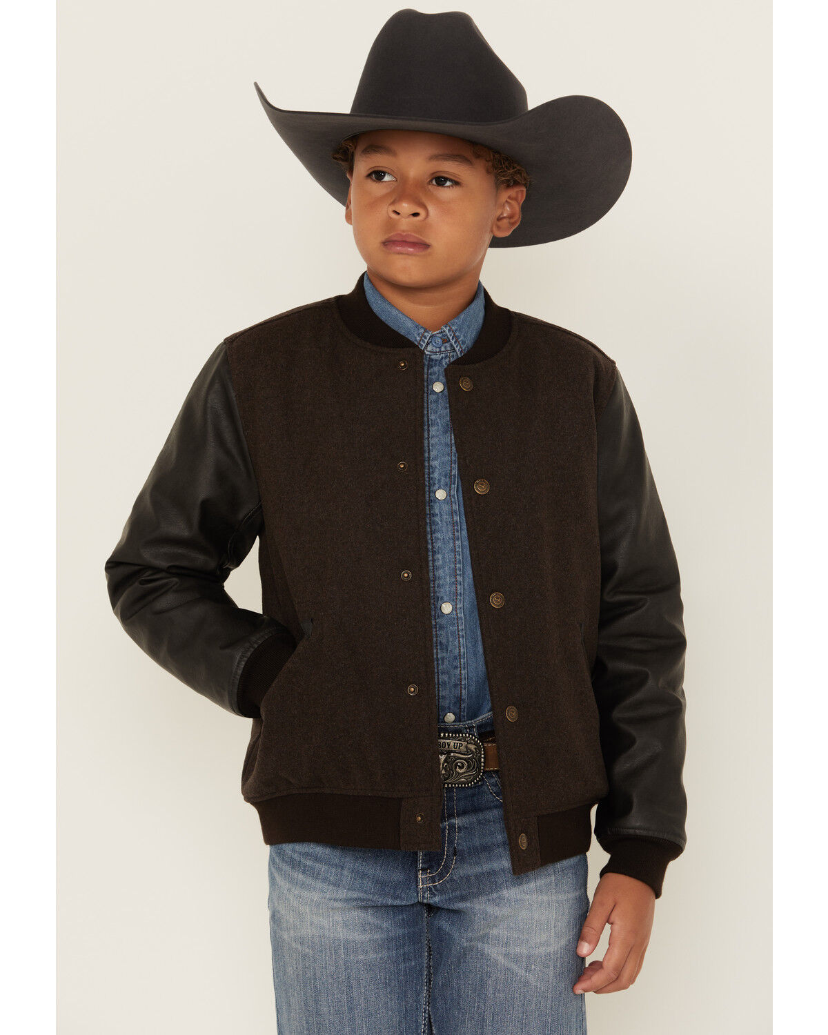 Image #1 - Cody James Boys' Brighton Solid Varsity Jacket, Brown, hi-res