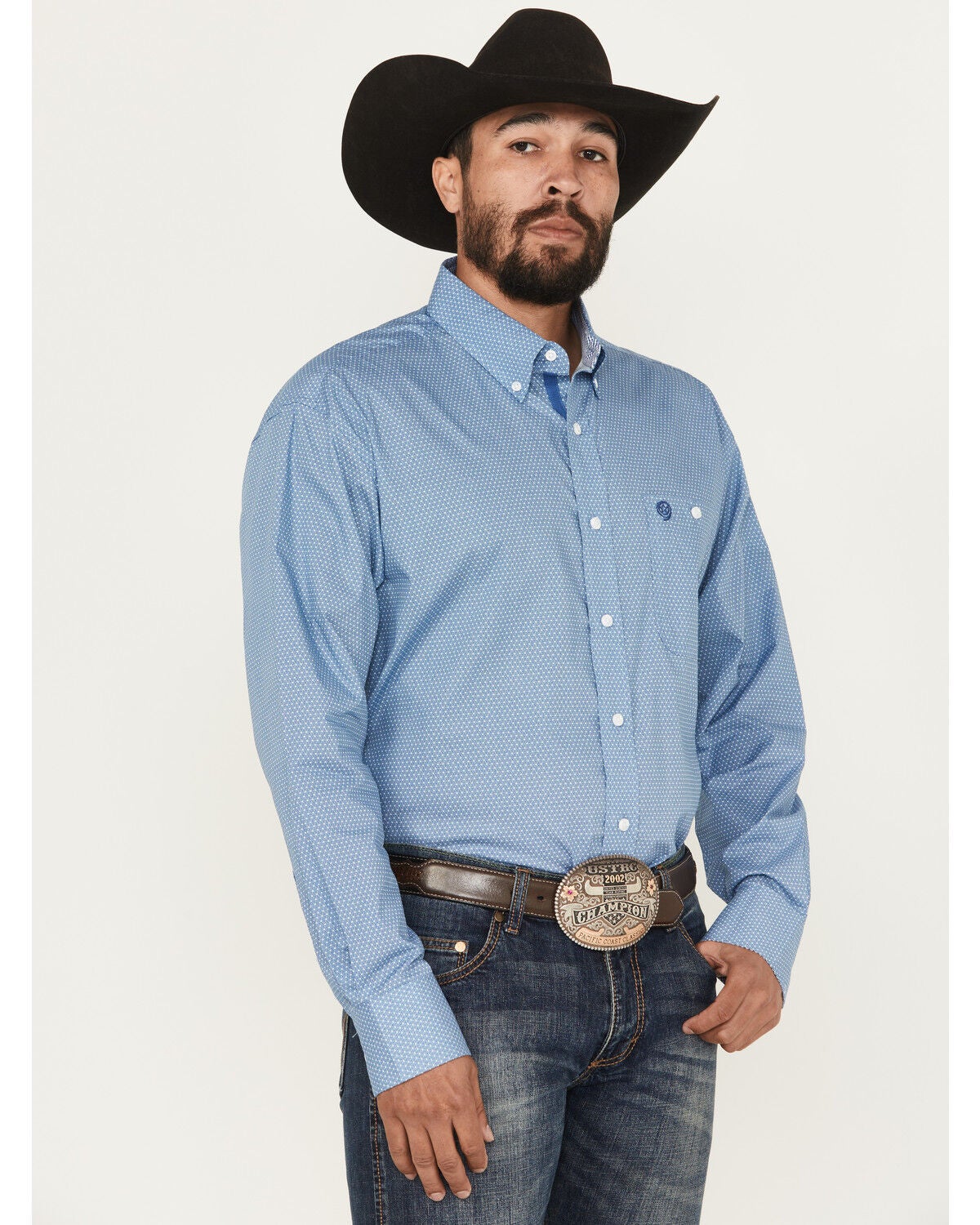 George Strait by Wrangler Men's Geo Print Long Sleeve Button-Down Stretch Western Shirt, Blue, hi-res