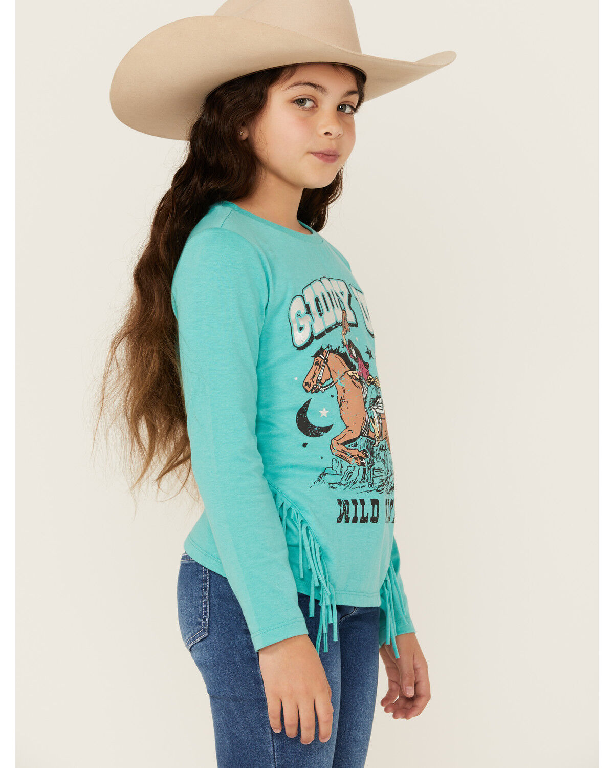 Image #2 - Rock & Roll Denim Girls' Giddy Up Long Sleeve Graphic Tee, Teal, hi-res