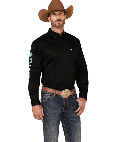 Ariat Men's Twill Fitted Team Mexico Solid Long Sleeve Button-Down Western Shirt , Black, hi-res