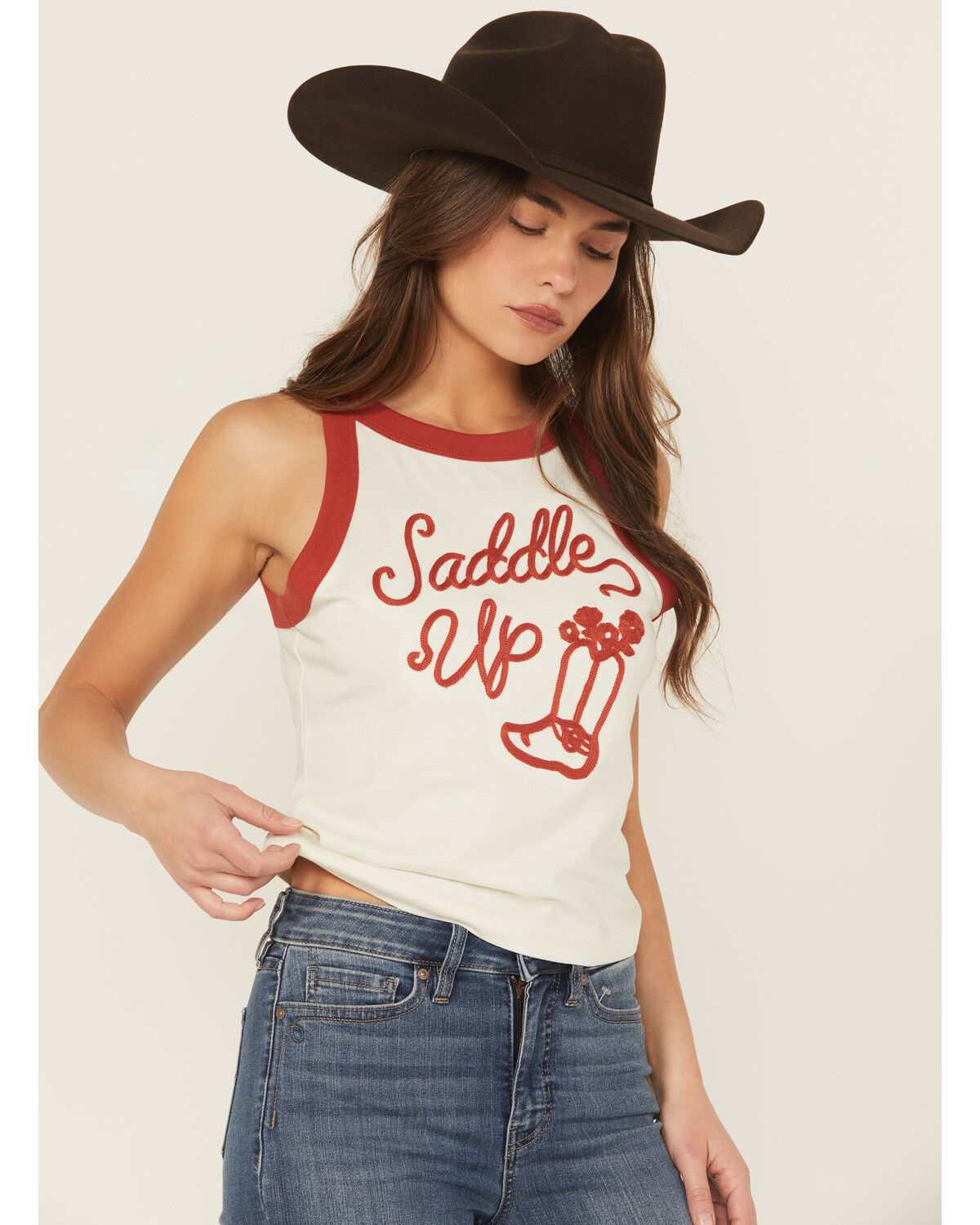 Image #1 - Wrangler Women's Saddle Up Embroidered Tank Top, White, hi-res