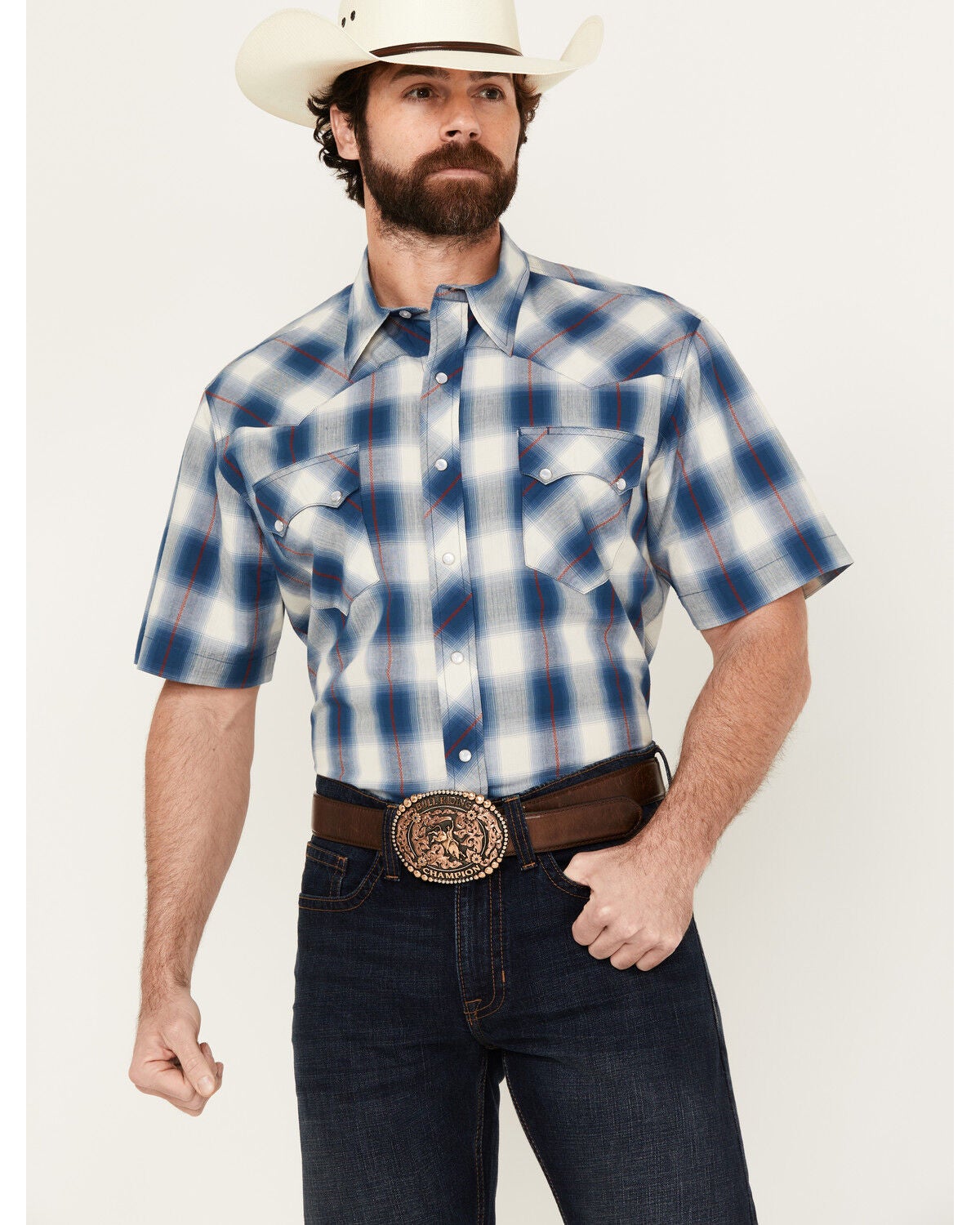 Roper Men's West Made Plaid Print Short Sleeve Snap Western Shirt, Blue, hi-res