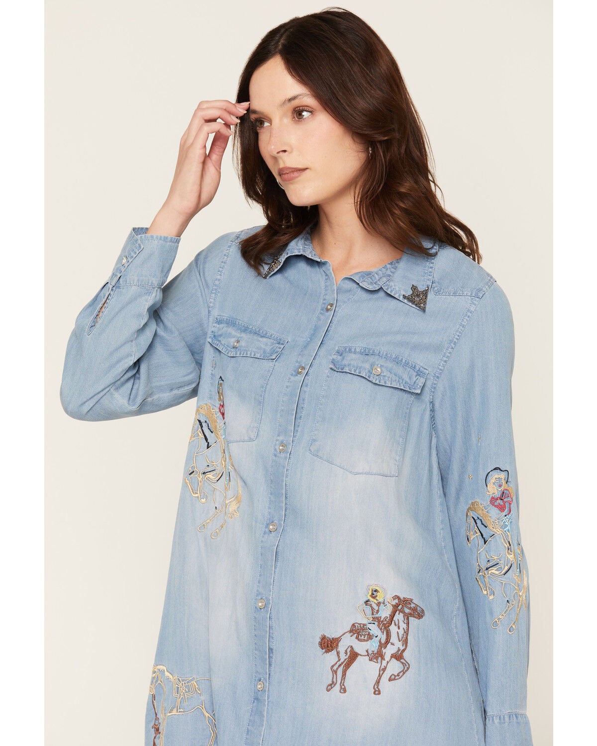 Image #2 - Blue B Women's Medium Wash Western Print Denim Shirt Mini Dress, Medium Wash, hi-res