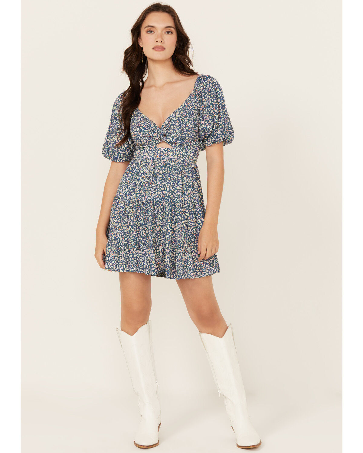 Image #1 - Angie Women's Ditsy Floral Print Tie Front Mini Dress, Blue, hi-res