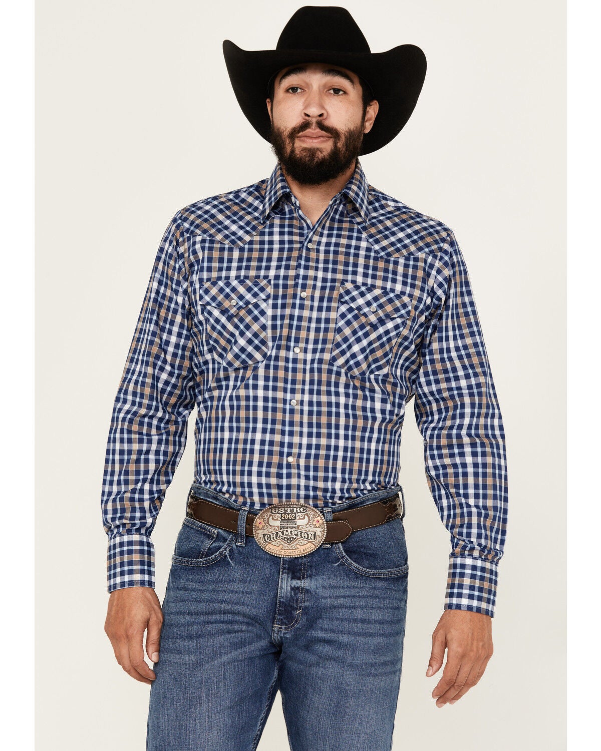 Ely Walker Men's Plaid Print Long Sleeve Pearl Snap Western Shirt, Navy, hi-res