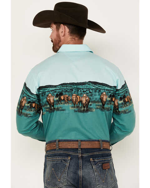 Image #4 - Panhandle Men's Buffalo Border Print Long Sleeve Pearl Snap Western Shirt, Seafoam, hi-res