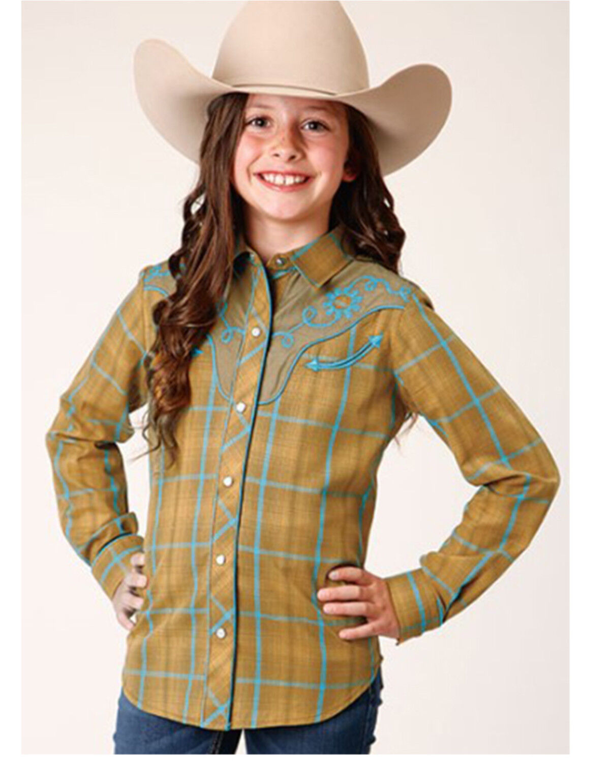 Image #1 - Roper Girls' Plaid Print Fancy Yoke Long Sleeve Snap Western Shirt, Yellow, hi-res
