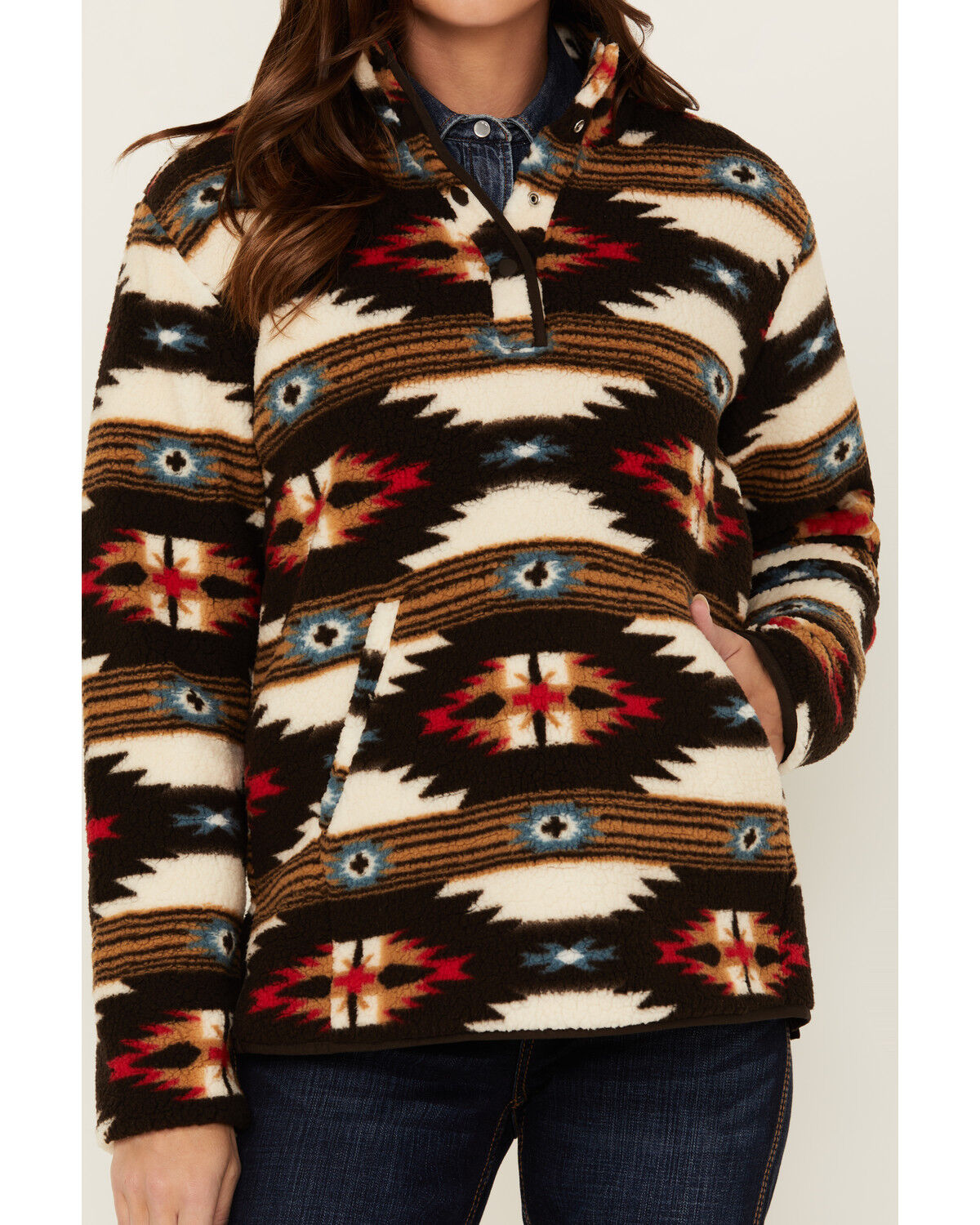 Image #3 - Wrangler Women's Southwestern Print 1/2 Zip Sherpa Fleece Pullover, Brown, hi-res