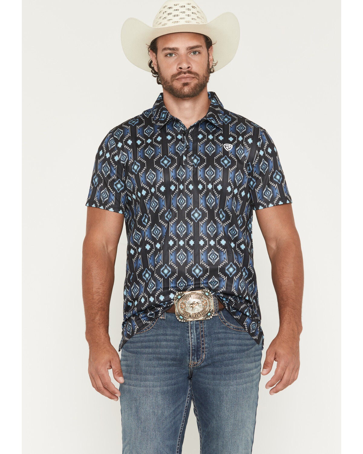 Rock & Roll Denim Men's Southwestern Print Short Sleeve Button-Down Stretch Polo Shirt, Blue, hi-res