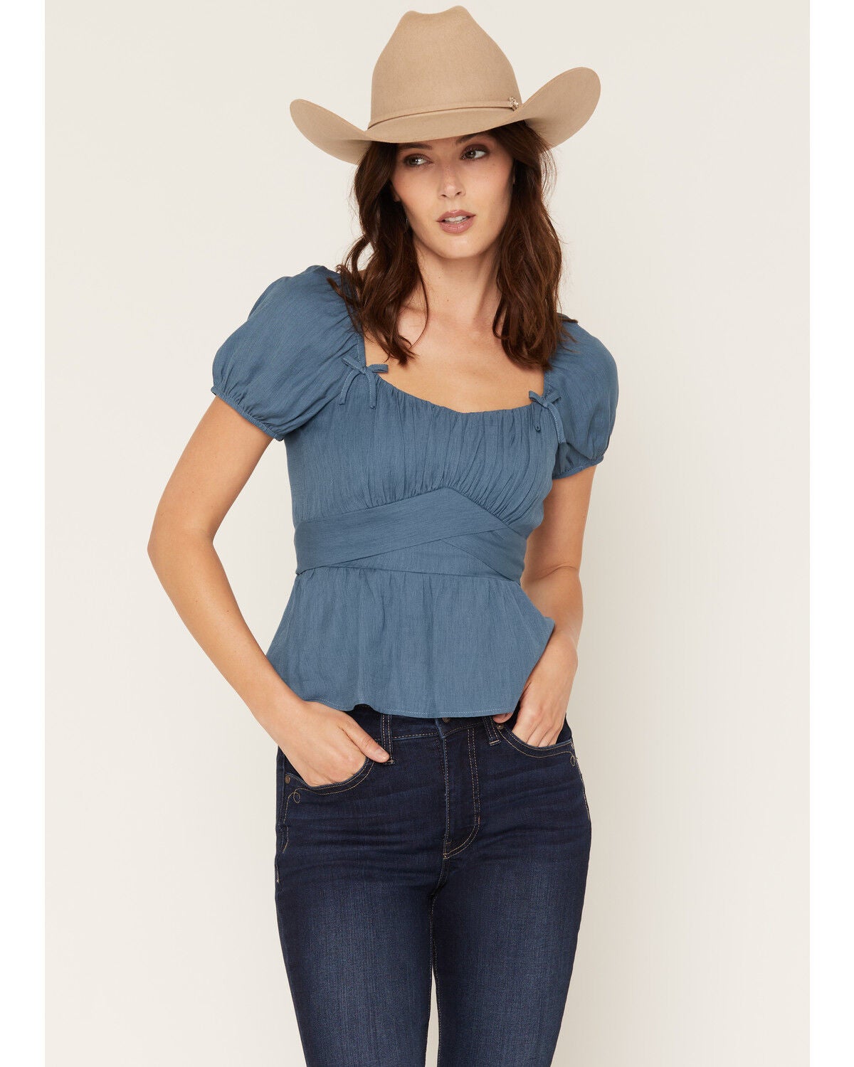 Ash & Violet Women's Bow Trim Short Sleeve Top, Teal, hi-res